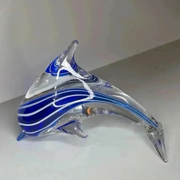 Murano Other - Art Glass Cobalt Blue And Clear Jumping Dolphin 6" Long. Murano